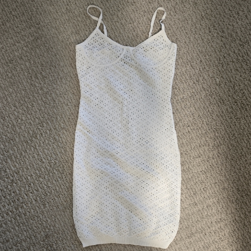 Hera Collection White Eyelet Knit Fitted Stretchy Dress